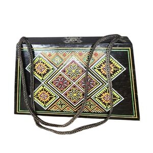 Vintage Ukrainian Folk Art Wooden Box Purse Painted Geometric 1970s Handbag